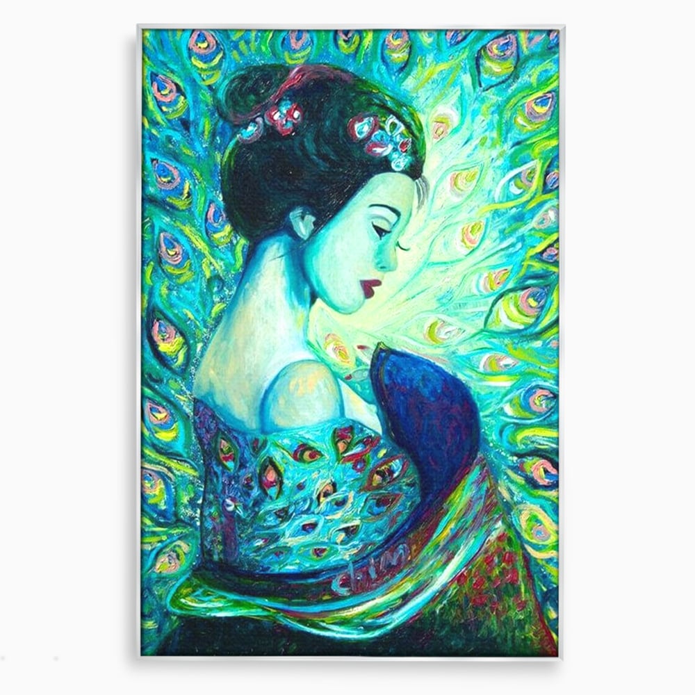 Tablou Canvas Premium, LuxCanva® M1406, Geisha de Smarald, Femeie, Oriental, Exotic, Delicat, Portret, Pictura, Oniric, Simbolic, Penaj, Paun, Abstract, Birou, Living, Camera Copil