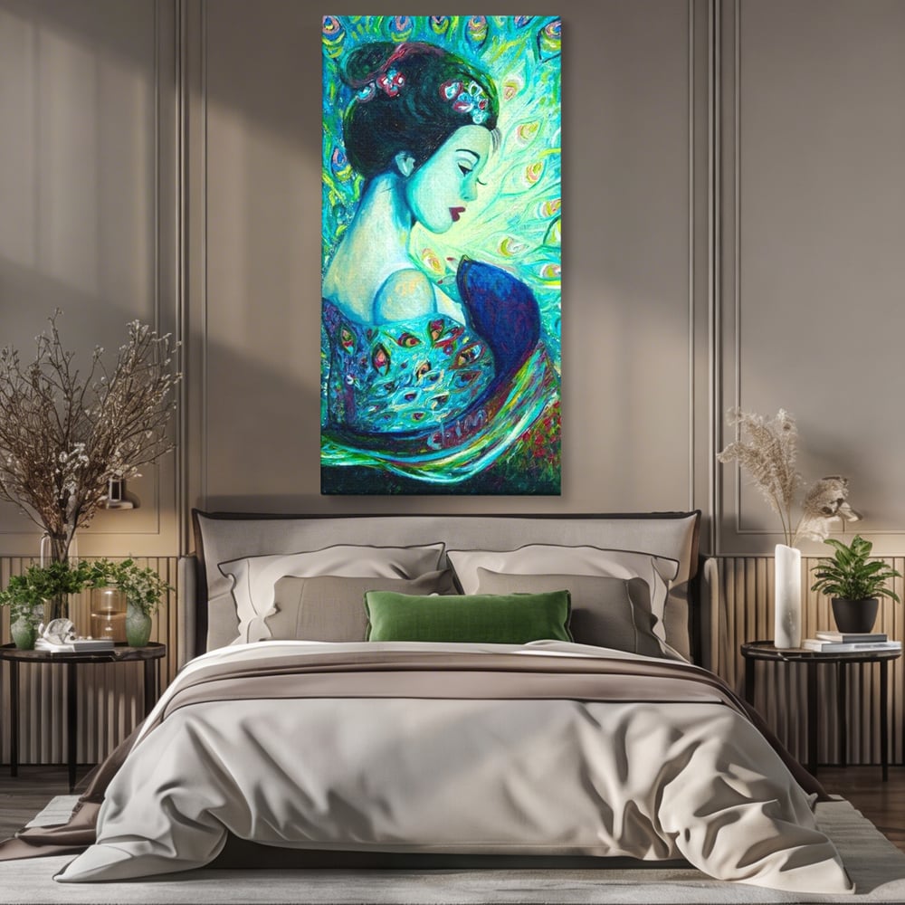 Tablou Canvas Premium, LuxCanva® M1406, Geisha de Smarald, Femeie, Oriental, Exotic, Delicat, Portret, Pictura, Oniric, Simbolic, Penaj, Paun, Abstract, Birou, Living, Camera Copil