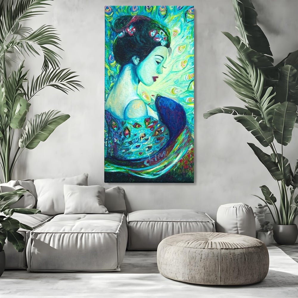 Tablou Canvas Premium, LuxCanva® M1406, Geisha de Smarald, Femeie, Oriental, Exotic, Delicat, Portret, Pictura, Oniric, Simbolic, Penaj, Paun, Abstract, Birou, Living, Camera Copil