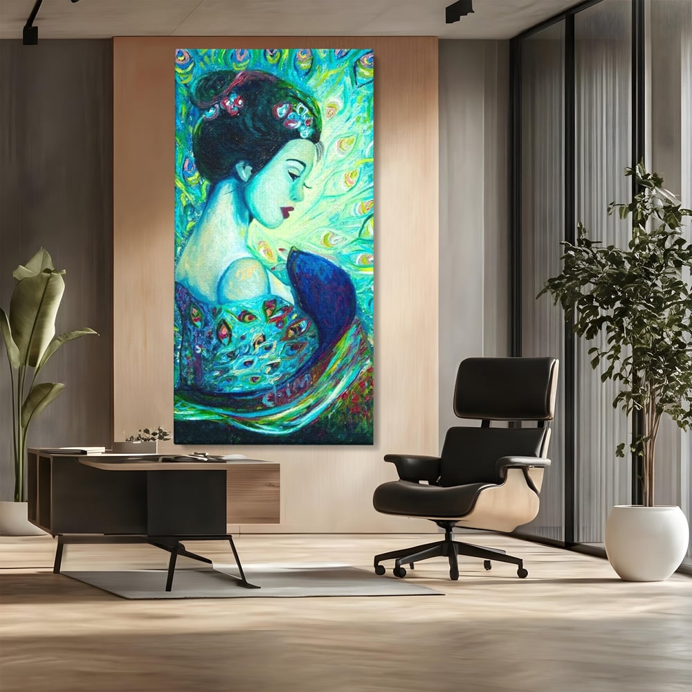 Tablou Canvas Premium, LuxCanva® M1406, Geisha de Smarald, Femeie, Oriental, Exotic, Delicat, Portret, Pictura, Oniric, Simbolic, Penaj, Paun, Abstract, Birou, Living, Camera Copil