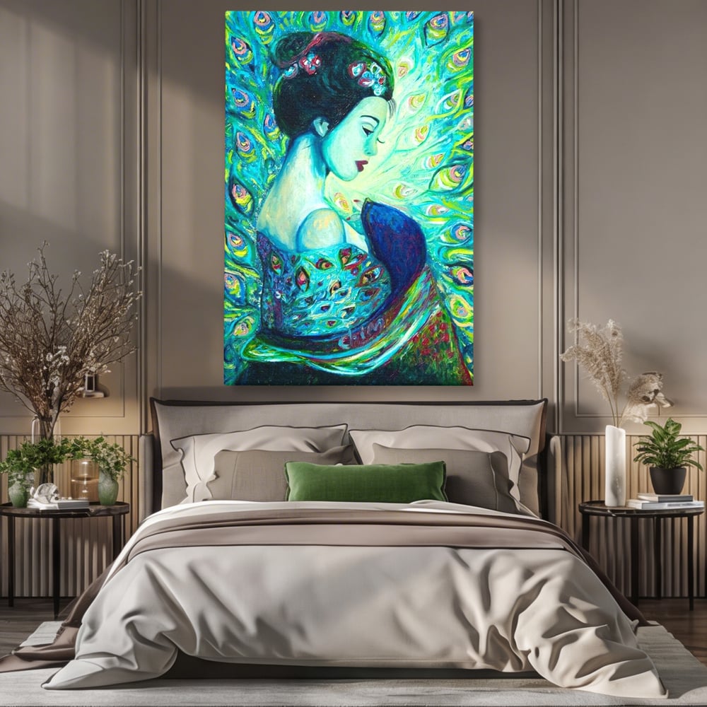 Tablou Canvas Premium, LuxCanva® M1406, Geisha de Smarald, Femeie, Oriental, Exotic, Delicat, Portret, Pictura, Oniric, Simbolic, Penaj, Paun, Abstract, Birou, Living, Camera Copil