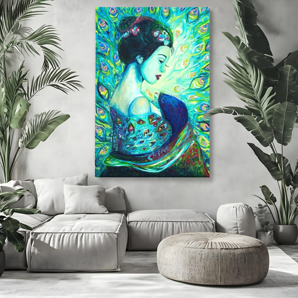 Tablou Canvas Premium, LuxCanva® M1406, Geisha de Smarald, Femeie, Oriental, Exotic, Delicat, Portret, Pictura, Oniric, Simbolic, Penaj, Paun, Abstract, Birou, Living, Camera Copil