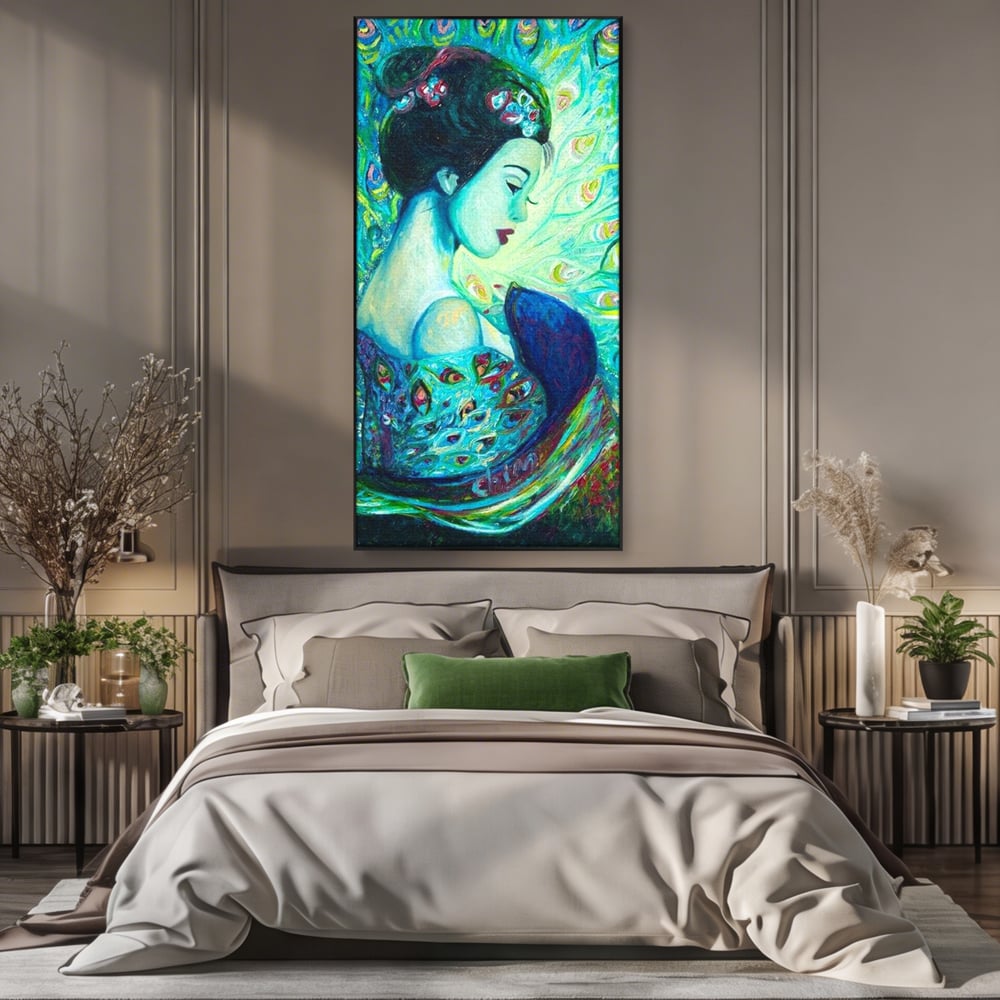 Tablou Canvas Premium, LuxCanva® M1406, Geisha de Smarald, Femeie, Oriental, Exotic, Delicat, Portret, Pictura, Oniric, Simbolic, Penaj, Paun, Abstract, Birou, Living, Camera Copil