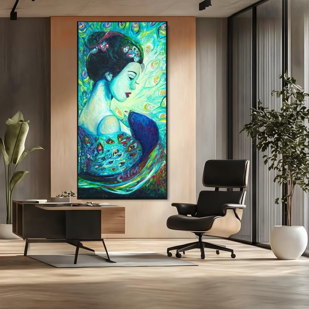 Tablou Canvas Premium, LuxCanva® M1406, Geisha de Smarald, Femeie, Oriental, Exotic, Delicat, Portret, Pictura, Oniric, Simbolic, Penaj, Paun, Abstract, Birou, Living, Camera Copil