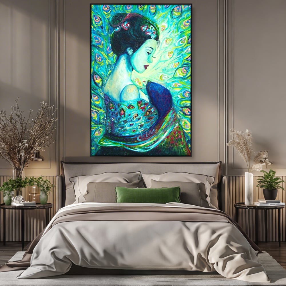 Tablou Canvas Premium, LuxCanva® M1406, Geisha de Smarald, Femeie, Oriental, Exotic, Delicat, Portret, Pictura, Oniric, Simbolic, Penaj, Paun, Abstract, Birou, Living, Camera Copil