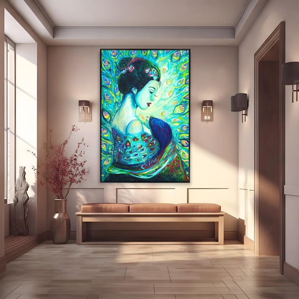 Tablou Canvas Premium, LuxCanva® M1406, Geisha de Smarald, Femeie, Oriental, Exotic, Delicat, Portret, Pictura, Oniric, Simbolic, Penaj, Paun, Abstract, Birou, Living, Camera Copil