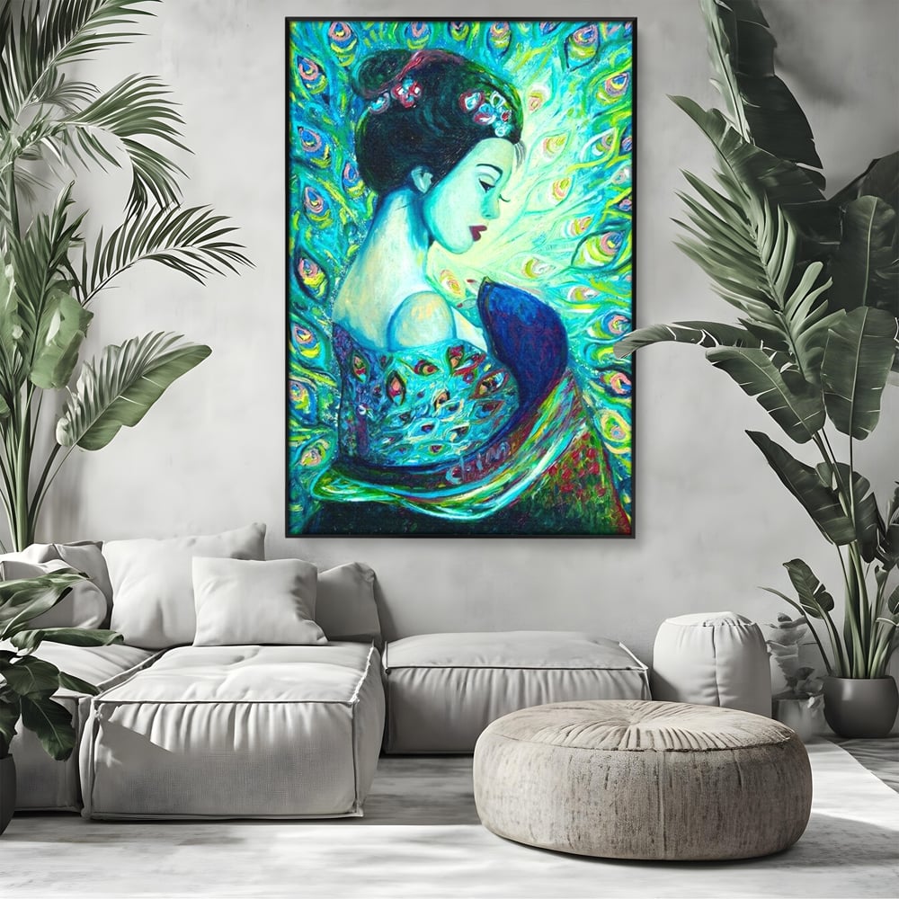 Tablou Canvas Premium, LuxCanva® M1406, Geisha de Smarald, Femeie, Oriental, Exotic, Delicat, Portret, Pictura, Oniric, Simbolic, Penaj, Paun, Abstract, Birou, Living, Camera Copil