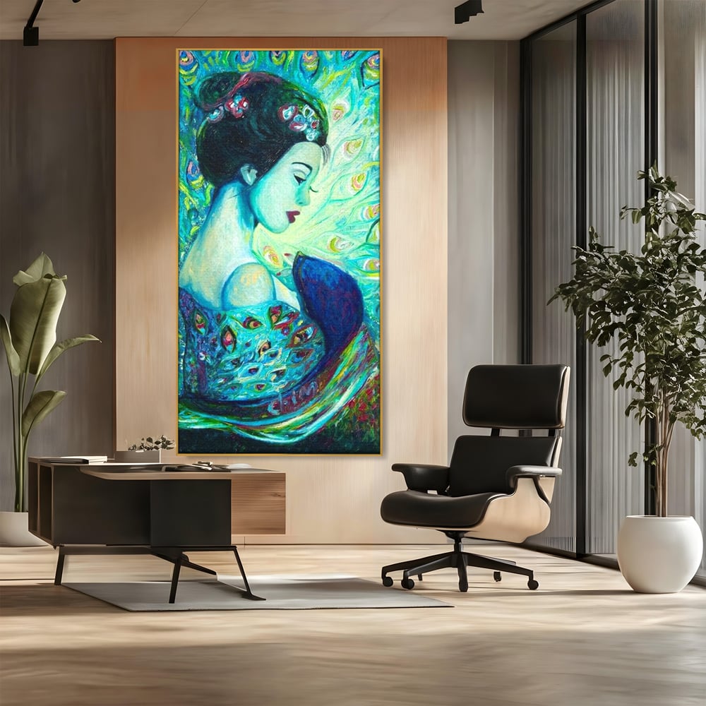 Tablou Canvas Premium, LuxCanva® M1406, Geisha de Smarald, Femeie, Oriental, Exotic, Delicat, Portret, Pictura, Oniric, Simbolic, Penaj, Paun, Abstract, Birou, Living, Camera Copil