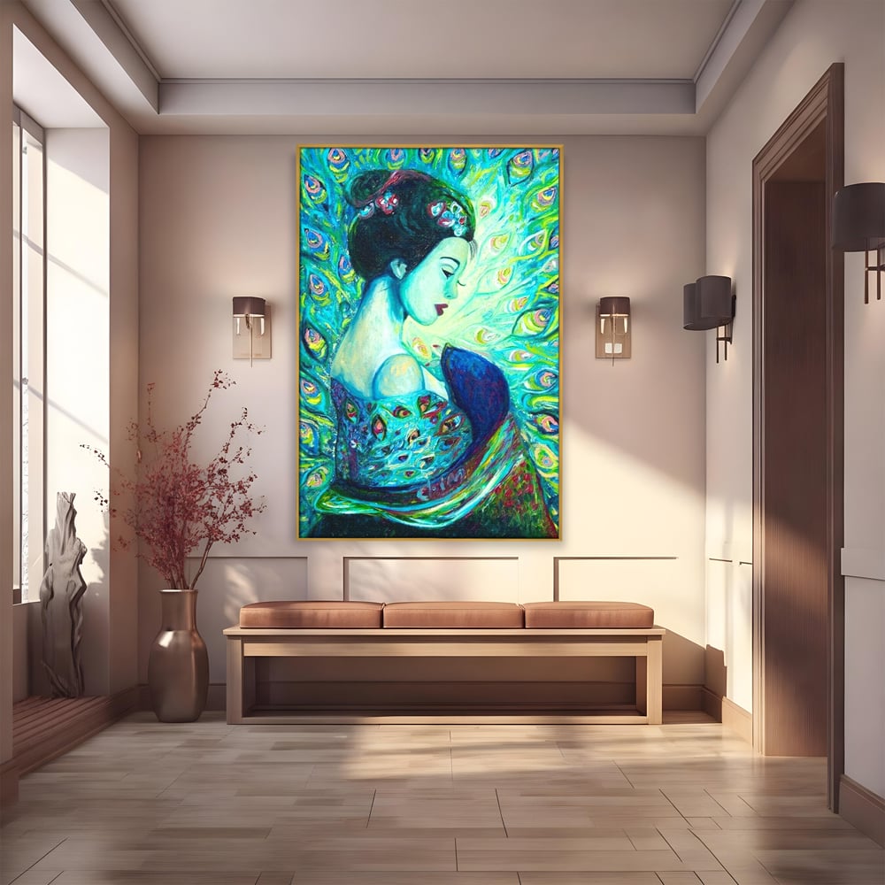 Tablou Canvas Premium, LuxCanva® M1406, Geisha de Smarald, Femeie, Oriental, Exotic, Delicat, Portret, Pictura, Oniric, Simbolic, Penaj, Paun, Abstract, Birou, Living, Camera Copil