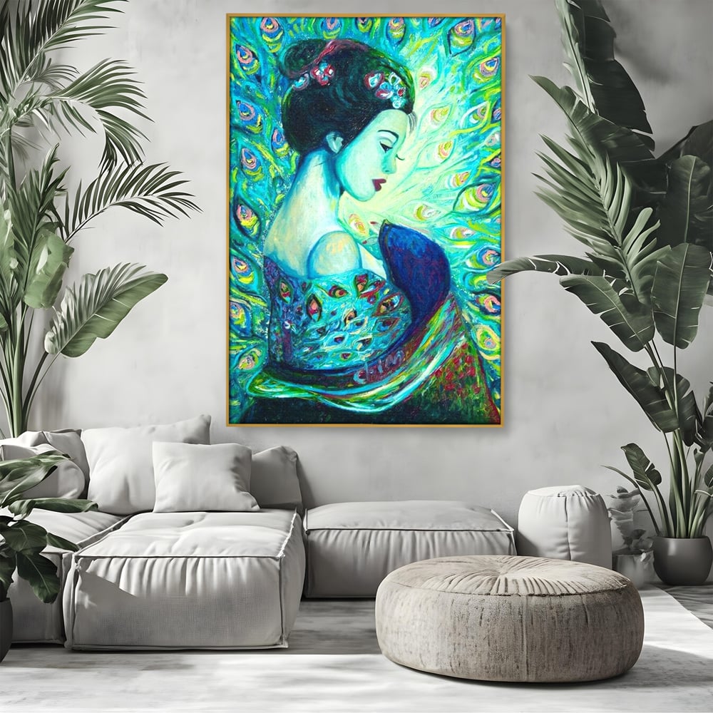Tablou Canvas Premium, LuxCanva® M1406, Geisha de Smarald, Femeie, Oriental, Exotic, Delicat, Portret, Pictura, Oniric, Simbolic, Penaj, Paun, Abstract, Birou, Living, Camera Copil