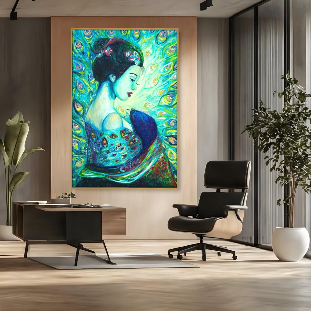 Tablou Canvas Premium, LuxCanva® M1406, Geisha de Smarald, Femeie, Oriental, Exotic, Delicat, Portret, Pictura, Oniric, Simbolic, Penaj, Paun, Abstract, Birou, Living, Camera Copil