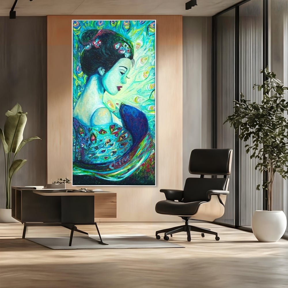 Tablou Canvas Premium, LuxCanva® M1406, Geisha de Smarald, Femeie, Oriental, Exotic, Delicat, Portret, Pictura, Oniric, Simbolic, Penaj, Paun, Abstract, Birou, Living, Camera Copil