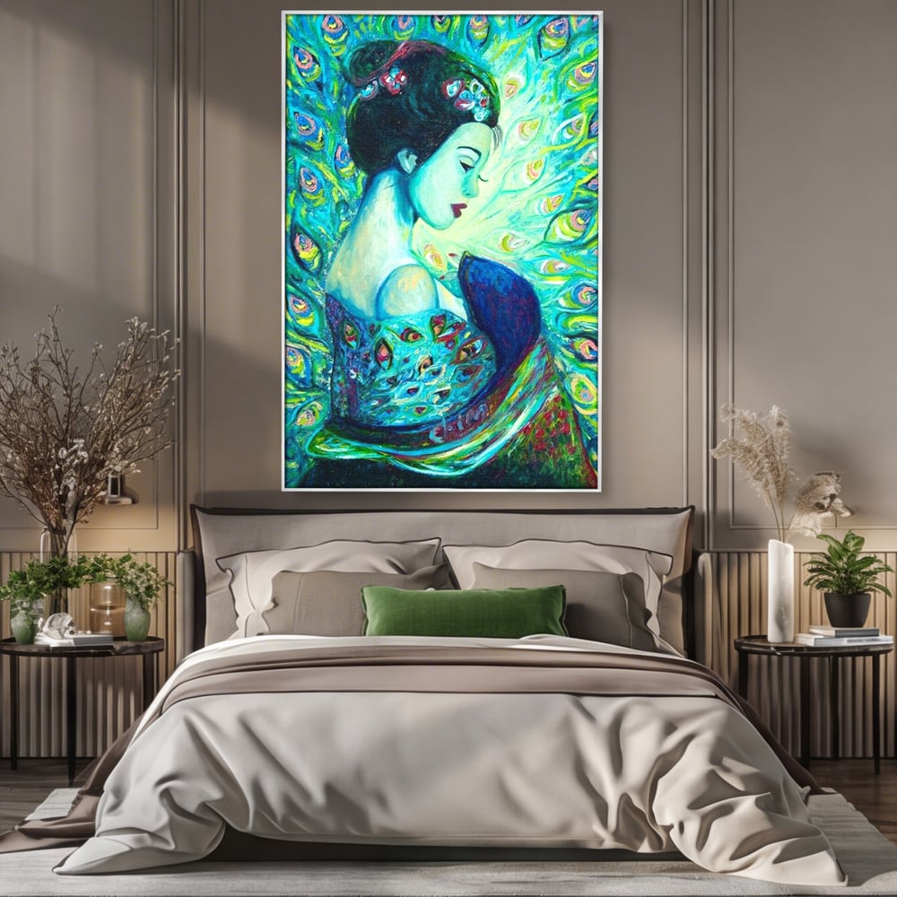 Tablou Canvas Premium, LuxCanva® M1406, Geisha de Smarald, Femeie, Oriental, Exotic, Delicat, Portret, Pictura, Oniric, Simbolic, Penaj, Paun, Abstract, Birou, Living, Camera Copil