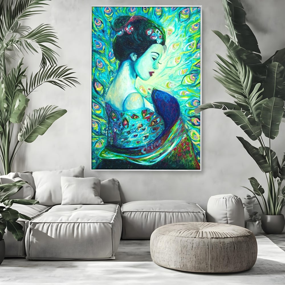 Tablou Canvas Premium, LuxCanva® M1406, Geisha de Smarald, Femeie, Oriental, Exotic, Delicat, Portret, Pictura, Oniric, Simbolic, Penaj, Paun, Abstract, Birou, Living, Camera Copil
