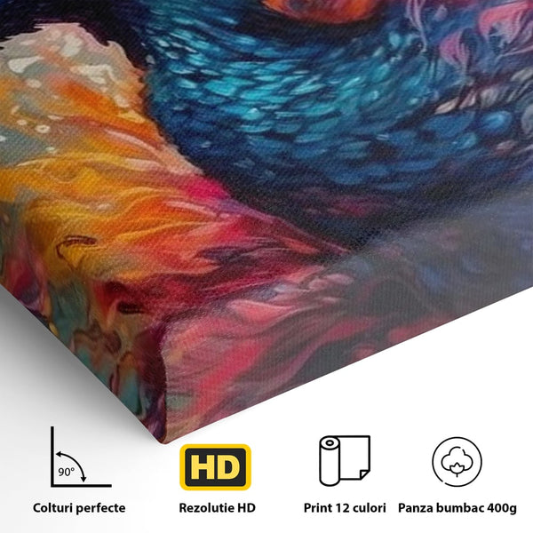 Tablou Canvas Premium, LuxCanva® M1407, Coroana Naturii, Culori Vibrante, Paun, Pasare, Penaj, Splendoare, Exotic, Flacari, Pictura, Abstract, Birou, Living, Camera Copil