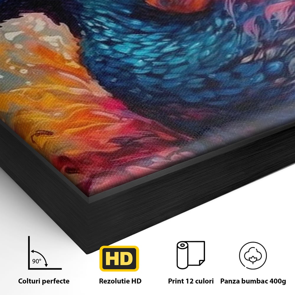 Tablou Canvas Premium, LuxCanva® M1407, Coroana Naturii, Culori Vibrante, Paun, Pasare, Penaj, Splendoare, Exotic, Flacari, Pictura, Abstract, Birou, Living, Camera Copil
