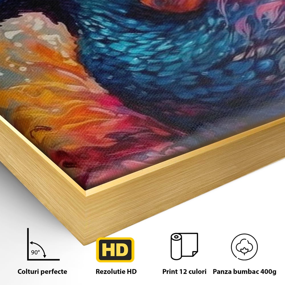 Tablou Canvas Premium, LuxCanva® M1407, Coroana Naturii, Culori Vibrante, Paun, Pasare, Penaj, Splendoare, Exotic, Flacari, Pictura, Abstract, Birou, Living, Camera Copil