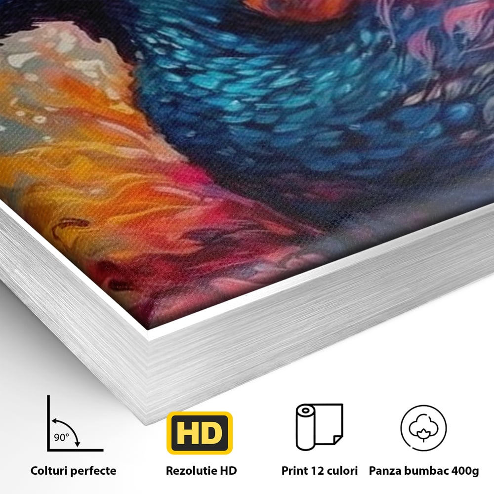Tablou Canvas Premium, LuxCanva® M1407, Coroana Naturii, Culori Vibrante, Paun, Pasare, Penaj, Splendoare, Exotic, Flacari, Pictura, Abstract, Birou, Living, Camera Copil
