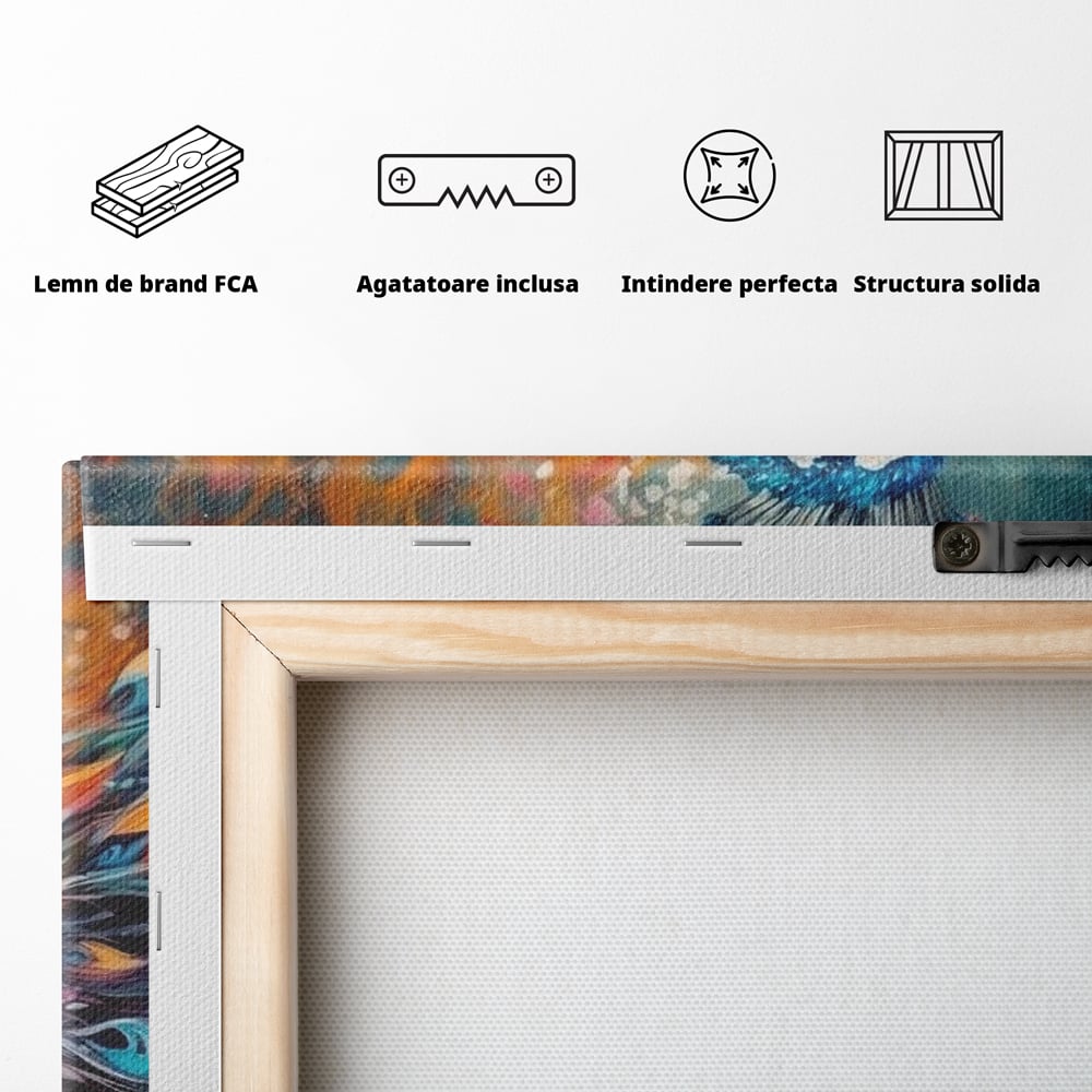 Tablou Canvas Premium, LuxCanva® M1407, Coroana Naturii, Culori Vibrante, Paun, Pasare, Penaj, Splendoare, Exotic, Flacari, Pictura, Abstract, Birou, Living, Camera Copil