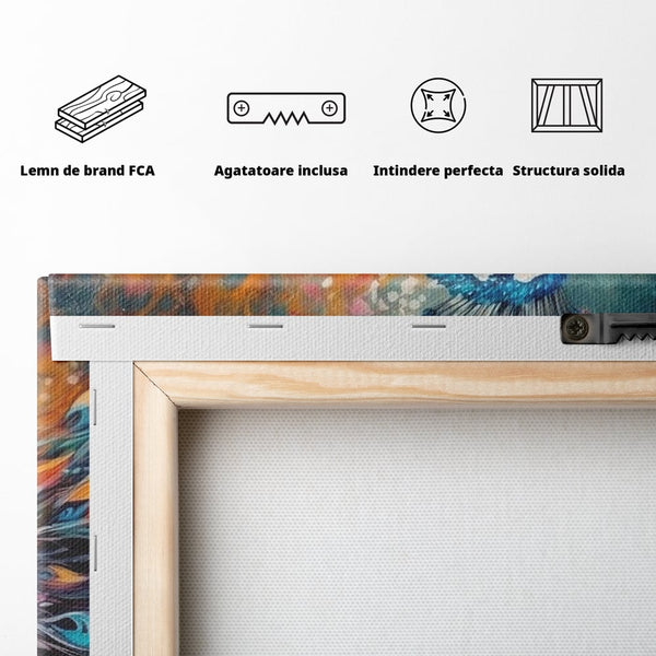 Tablou Canvas Premium, LuxCanva® M1407, Coroana Naturii, Culori Vibrante, Paun, Pasare, Penaj, Splendoare, Exotic, Flacari, Pictura, Abstract, Birou, Living, Camera Copil