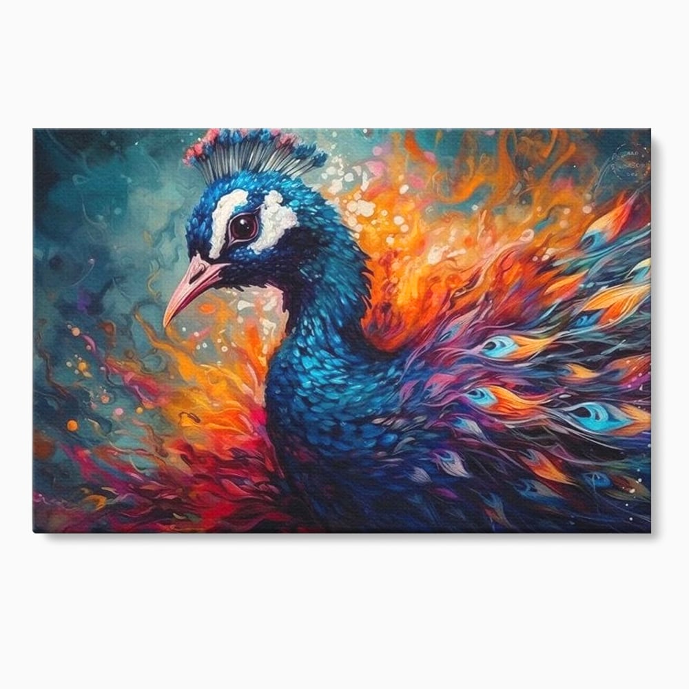 Tablou Canvas Premium, LuxCanva® M1407, Coroana Naturii, Culori Vibrante, Paun, Pasare, Penaj, Splendoare, Exotic, Flacari, Pictura, Abstract, Birou, Living, Camera Copil