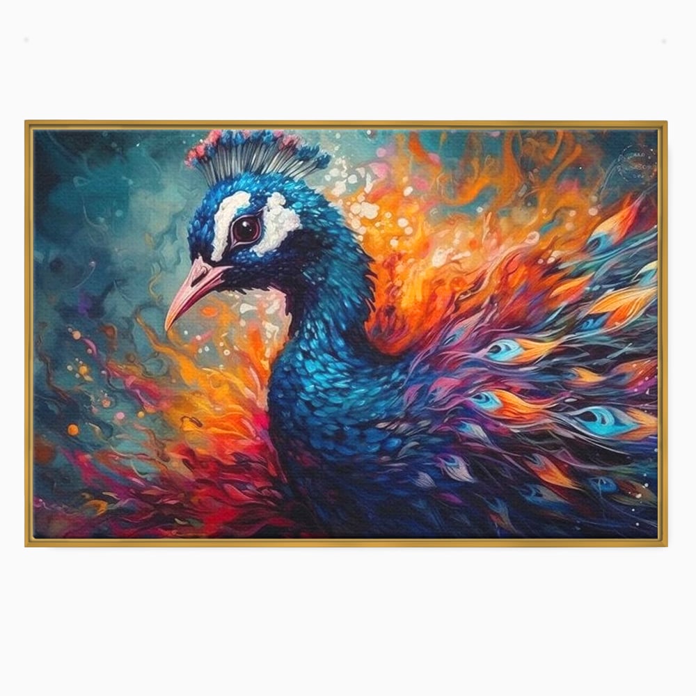 Tablou Canvas Premium, LuxCanva® M1407, Coroana Naturii, Culori Vibrante, Paun, Pasare, Penaj, Splendoare, Exotic, Flacari, Pictura, Abstract, Birou, Living, Camera Copil