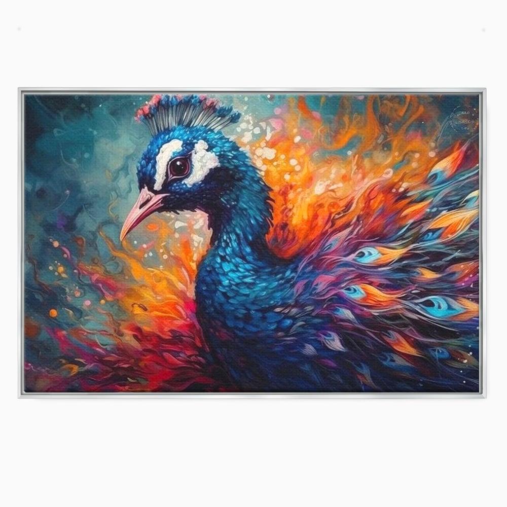 Tablou Canvas Premium, LuxCanva® M1407, Coroana Naturii, Culori Vibrante, Paun, Pasare, Penaj, Splendoare, Exotic, Flacari, Pictura, Abstract, Birou, Living, Camera Copil