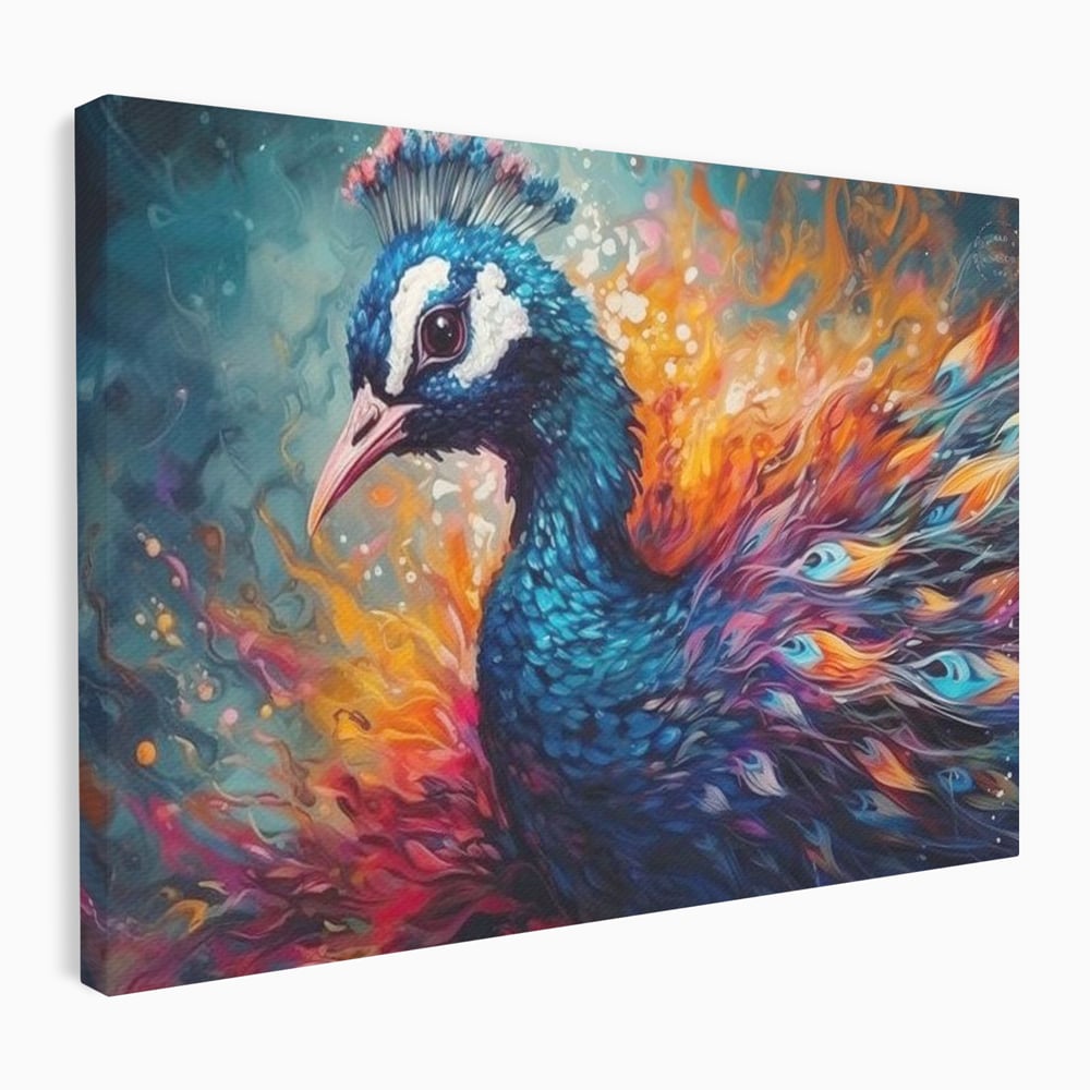 Tablou Canvas Premium, LuxCanva® M1407, Coroana Naturii, Culori Vibrante, Paun, Pasare, Penaj, Splendoare, Exotic, Flacari, Pictura, Abstract, Birou, Living, Camera Copil