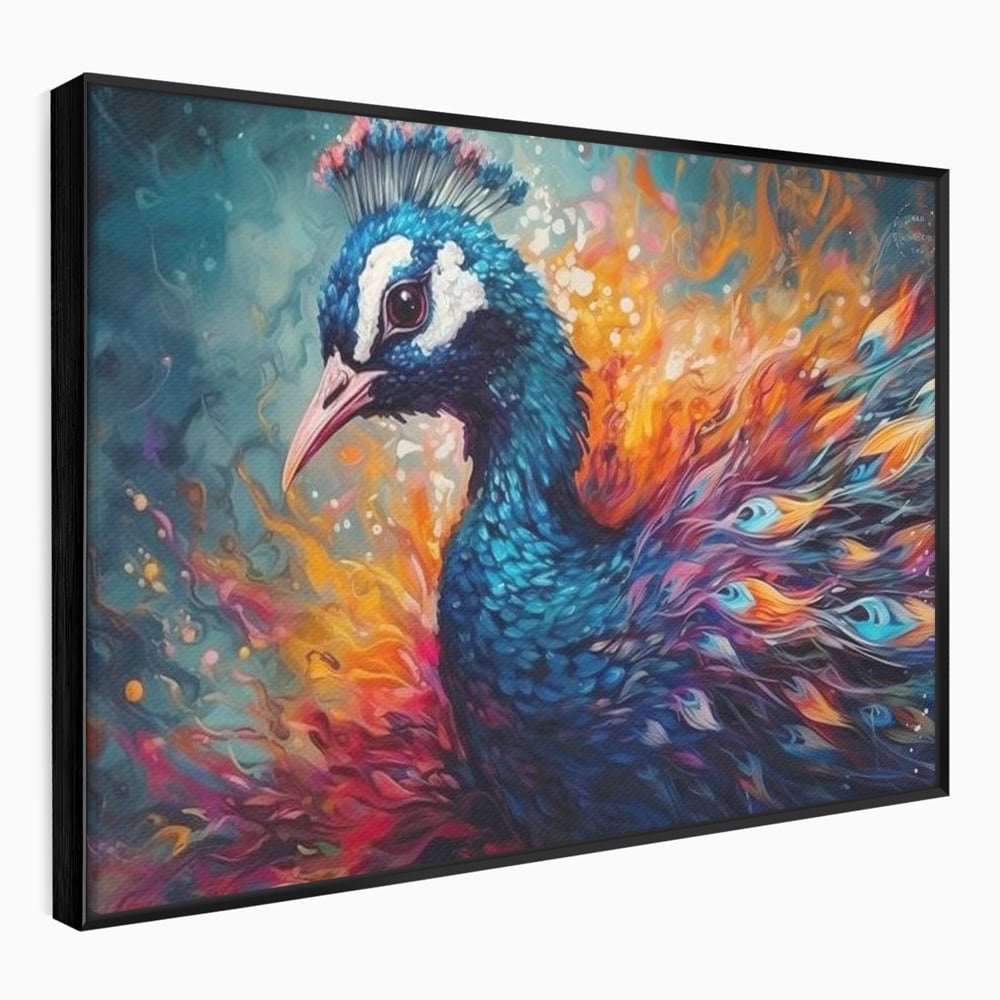 Tablou Canvas Premium, LuxCanva® M1407, Coroana Naturii, Culori Vibrante, Paun, Pasare, Penaj, Splendoare, Exotic, Flacari, Pictura, Abstract, Birou, Living, Camera Copil