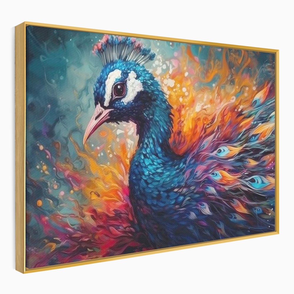 Tablou Canvas Premium, LuxCanva® M1407, Coroana Naturii, Culori Vibrante, Paun, Pasare, Penaj, Splendoare, Exotic, Flacari, Pictura, Abstract, Birou, Living, Camera Copil