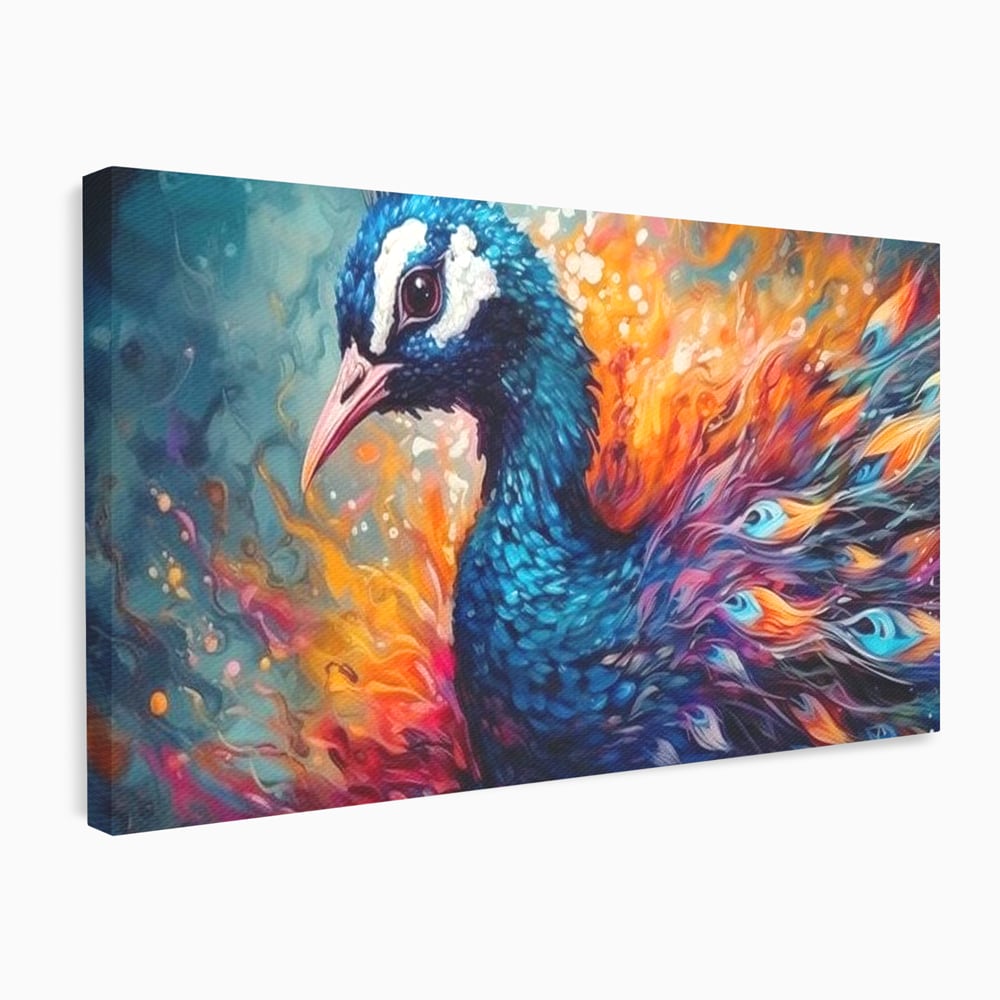 Tablou Canvas Premium, LuxCanva® M1407, Coroana Naturii, Culori Vibrante, Paun, Pasare, Penaj, Splendoare, Exotic, Flacari, Pictura, Abstract, Birou, Living, Camera Copil