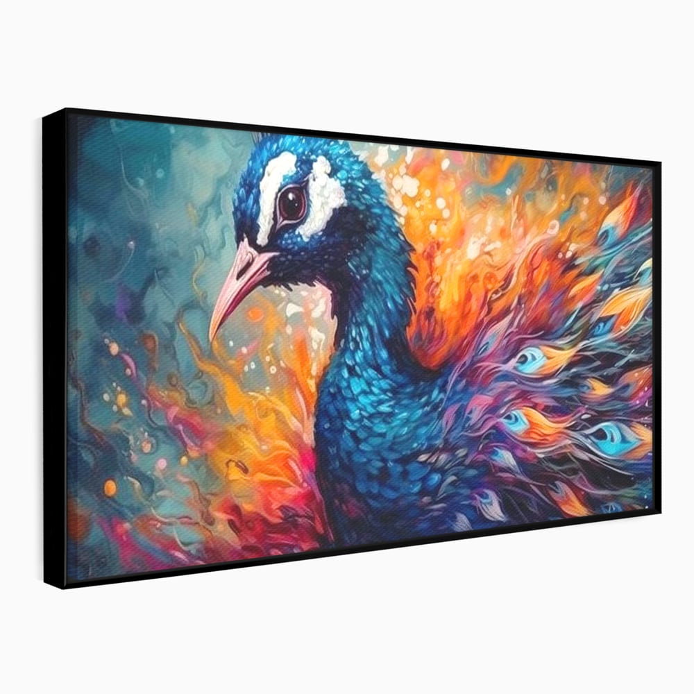 Tablou Canvas Premium, LuxCanva® M1407, Coroana Naturii, Culori Vibrante, Paun, Pasare, Penaj, Splendoare, Exotic, Flacari, Pictura, Abstract, Birou, Living, Camera Copil