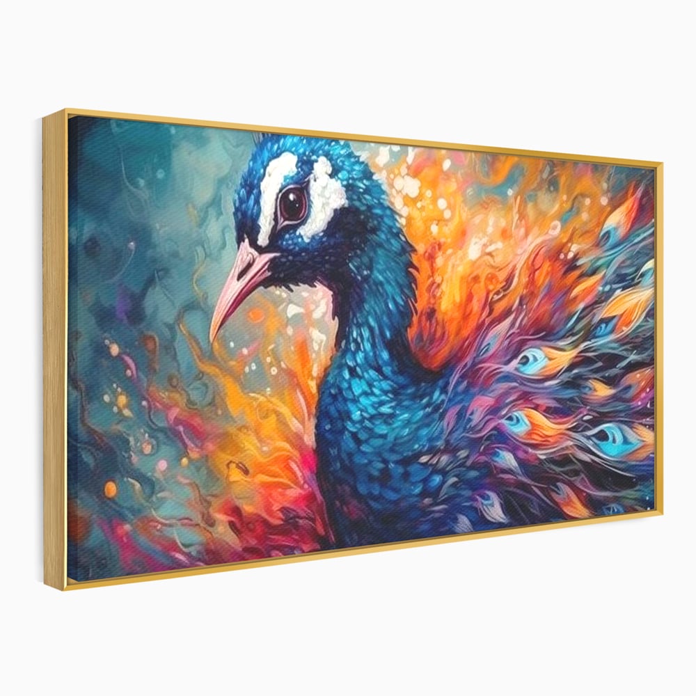Tablou Canvas Premium, LuxCanva® M1407, Coroana Naturii, Culori Vibrante, Paun, Pasare, Penaj, Splendoare, Exotic, Flacari, Pictura, Abstract, Birou, Living, Camera Copil