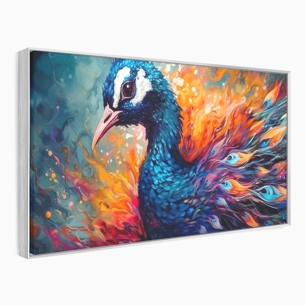 Tablou Canvas Premium, LuxCanva® M1407, Coroana Naturii, Culori Vibrante, Paun, Pasare, Penaj, Splendoare, Exotic, Flacari, Pictura, Abstract, Birou, Living, Camera Copil