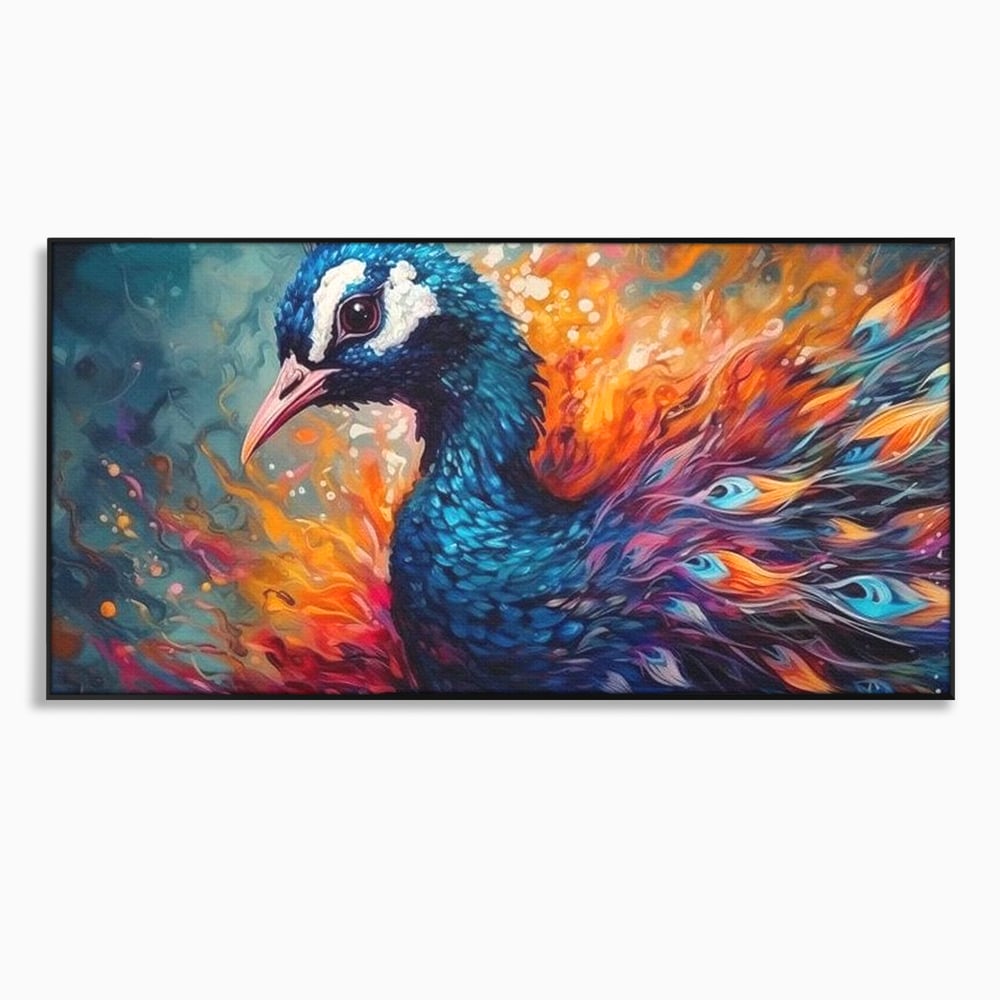 Tablou Canvas Premium, LuxCanva® M1407, Coroana Naturii, Culori Vibrante, Paun, Pasare, Penaj, Splendoare, Exotic, Flacari, Pictura, Abstract, Birou, Living, Camera Copil