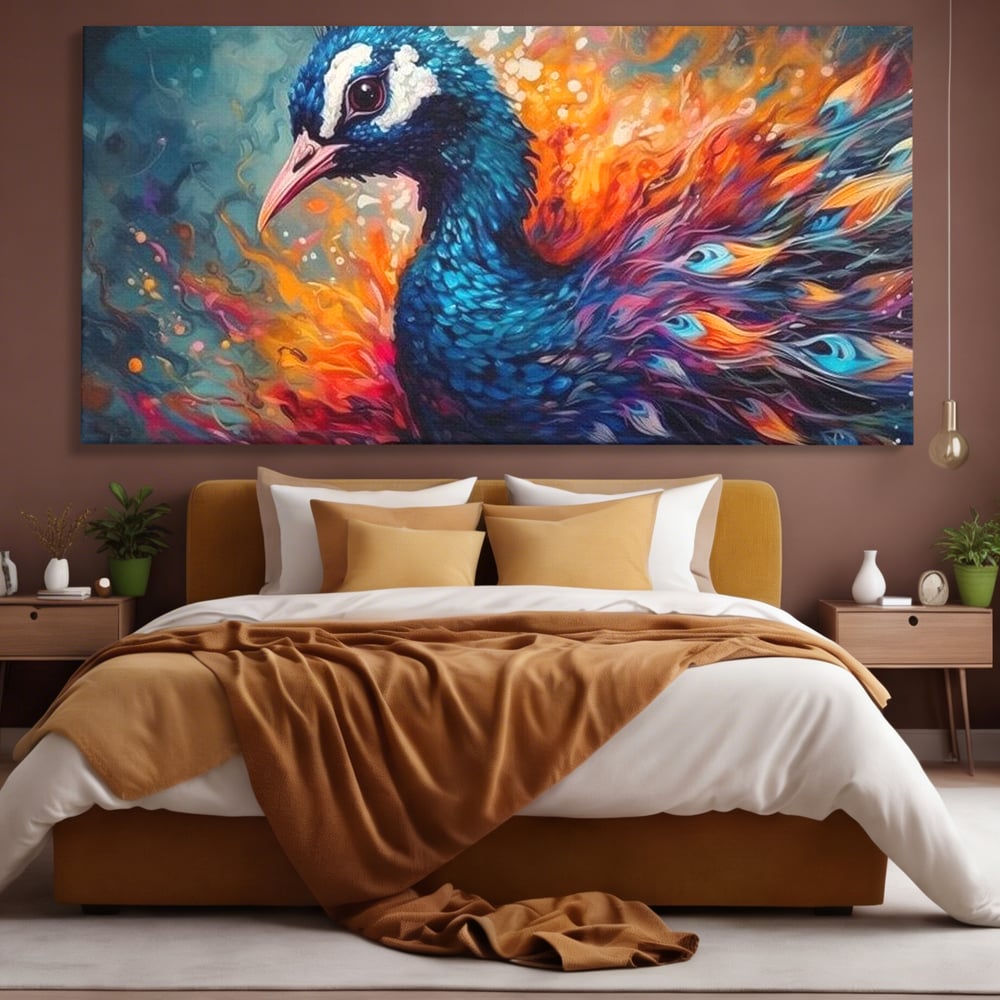 Tablou Canvas Premium, LuxCanva® M1407, Coroana Naturii, Culori Vibrante, Paun, Pasare, Penaj, Splendoare, Exotic, Flacari, Pictura, Abstract, Birou, Living, Camera Copil