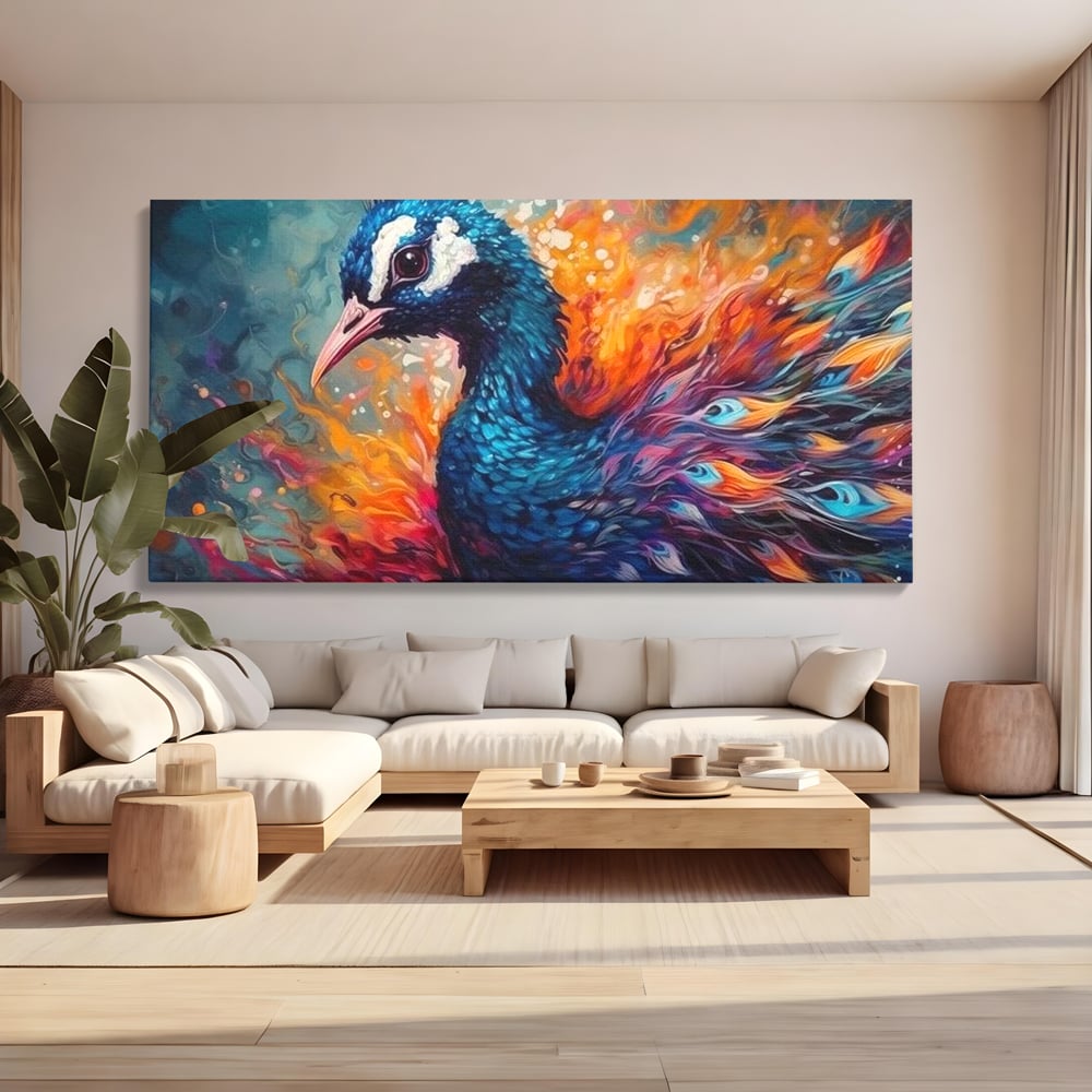 Tablou Canvas Premium, LuxCanva® M1407, Coroana Naturii, Culori Vibrante, Paun, Pasare, Penaj, Splendoare, Exotic, Flacari, Pictura, Abstract, Birou, Living, Camera Copil