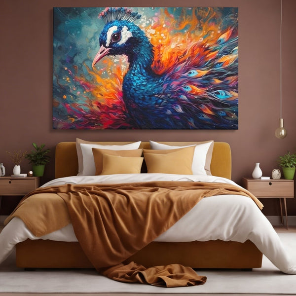 Tablou Canvas Premium, LuxCanva® M1407, Coroana Naturii, Culori Vibrante, Paun, Pasare, Penaj, Splendoare, Exotic, Flacari, Pictura, Abstract, Birou, Living, Camera Copil