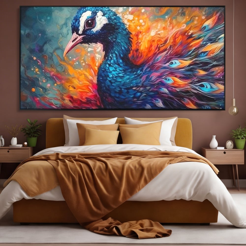 Tablou Canvas Premium, LuxCanva® M1407, Coroana Naturii, Culori Vibrante, Paun, Pasare, Penaj, Splendoare, Exotic, Flacari, Pictura, Abstract, Birou, Living, Camera Copil