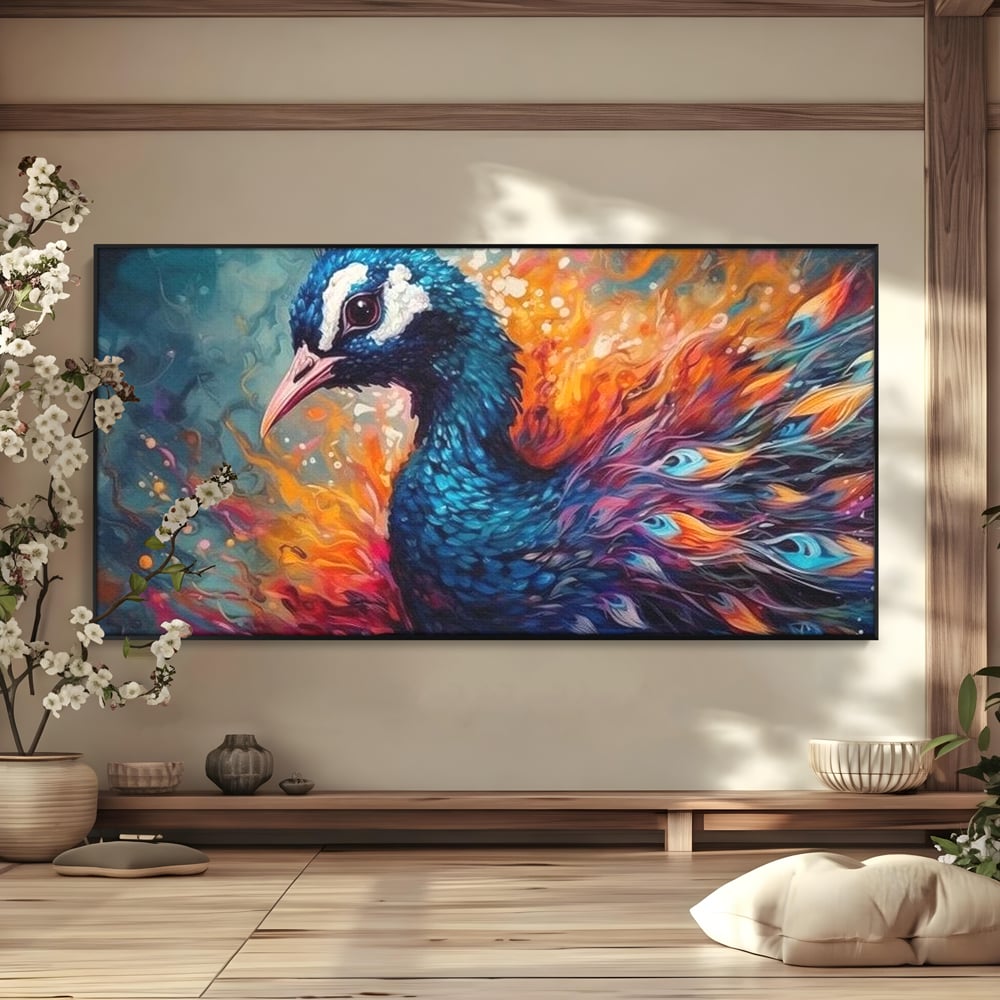 Tablou Canvas Premium, LuxCanva® M1407, Coroana Naturii, Culori Vibrante, Paun, Pasare, Penaj, Splendoare, Exotic, Flacari, Pictura, Abstract, Birou, Living, Camera Copil