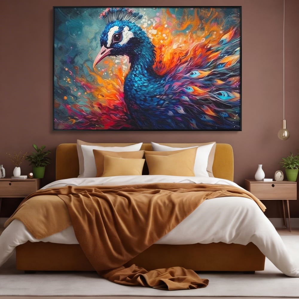 Tablou Canvas Premium, LuxCanva® M1407, Coroana Naturii, Culori Vibrante, Paun, Pasare, Penaj, Splendoare, Exotic, Flacari, Pictura, Abstract, Birou, Living, Camera Copil