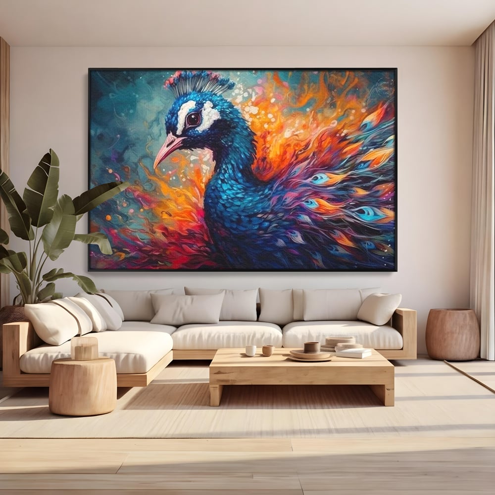 Tablou Canvas Premium, LuxCanva® M1407, Coroana Naturii, Culori Vibrante, Paun, Pasare, Penaj, Splendoare, Exotic, Flacari, Pictura, Abstract, Birou, Living, Camera Copil