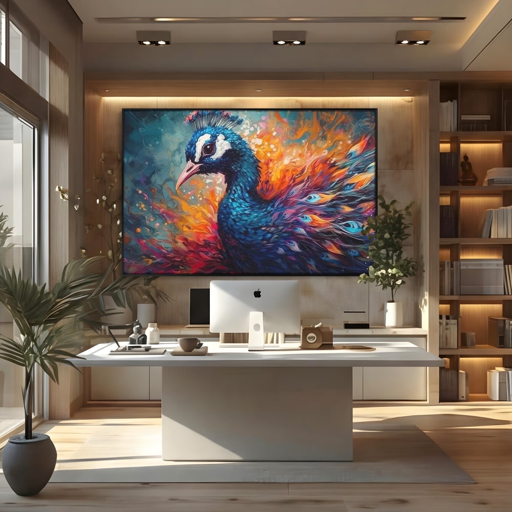 Tablou Canvas Premium, LuxCanva® M1407, Coroana Naturii, Culori Vibrante, Paun, Pasare, Penaj, Splendoare, Exotic, Flacari, Pictura, Abstract, Birou, Living, Camera Copil