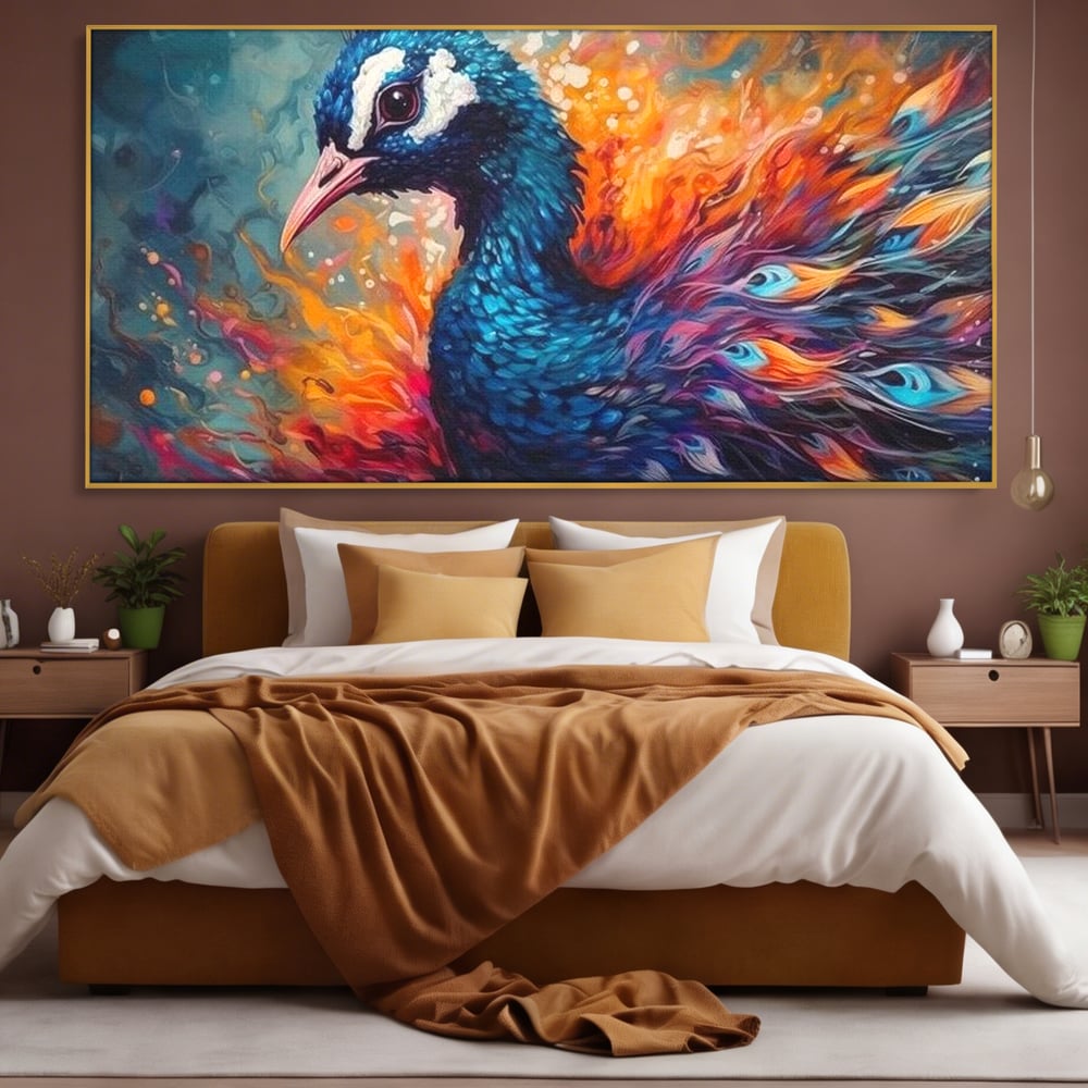 Tablou Canvas Premium, LuxCanva® M1407, Coroana Naturii, Culori Vibrante, Paun, Pasare, Penaj, Splendoare, Exotic, Flacari, Pictura, Abstract, Birou, Living, Camera Copil