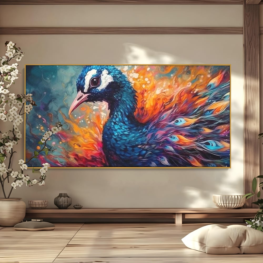 Tablou Canvas Premium, LuxCanva® M1407, Coroana Naturii, Culori Vibrante, Paun, Pasare, Penaj, Splendoare, Exotic, Flacari, Pictura, Abstract, Birou, Living, Camera Copil