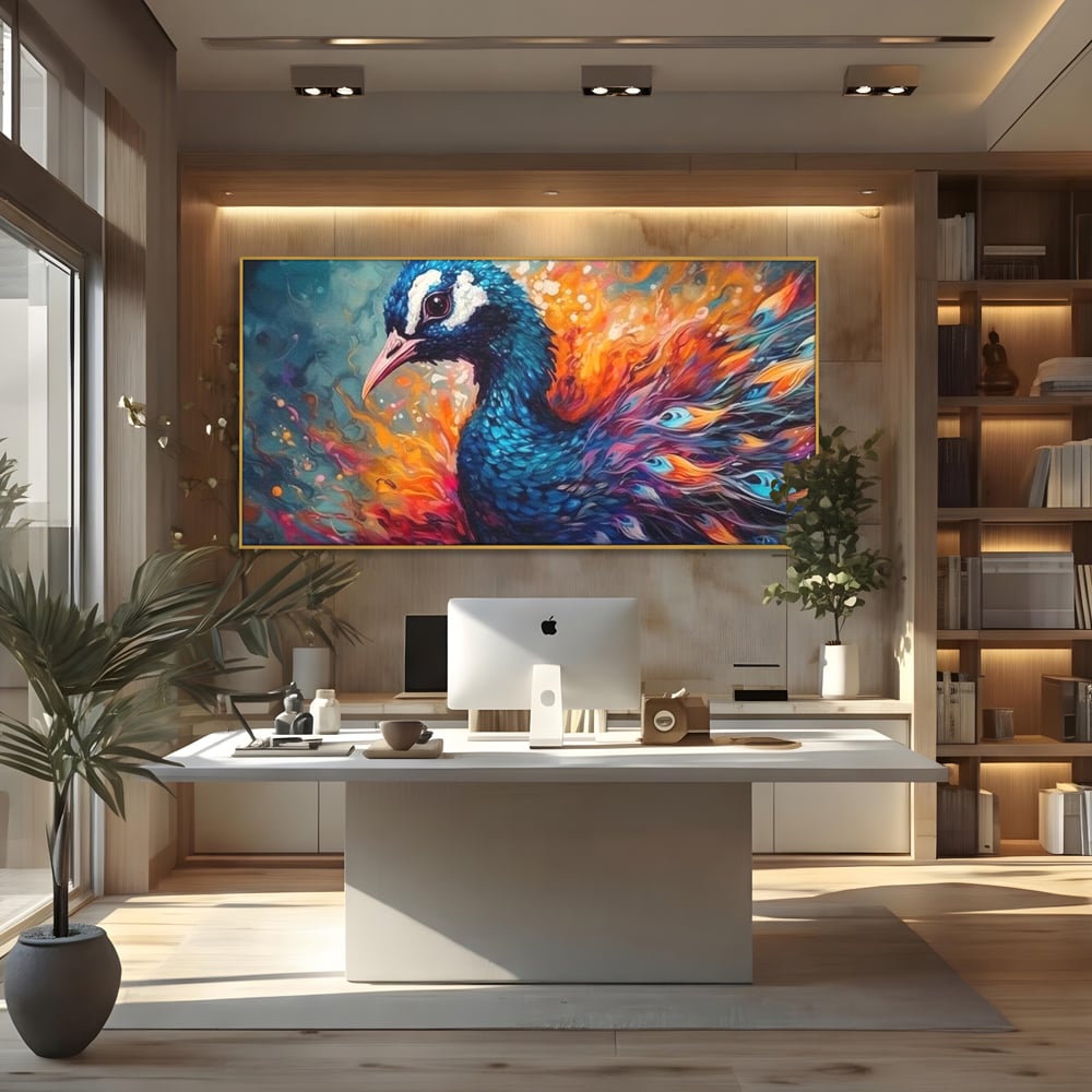 Tablou Canvas Premium, LuxCanva® M1407, Coroana Naturii, Culori Vibrante, Paun, Pasare, Penaj, Splendoare, Exotic, Flacari, Pictura, Abstract, Birou, Living, Camera Copil