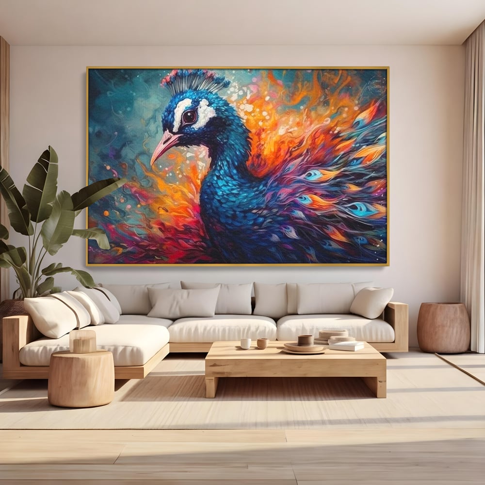 Tablou Canvas Premium, LuxCanva® M1407, Coroana Naturii, Culori Vibrante, Paun, Pasare, Penaj, Splendoare, Exotic, Flacari, Pictura, Abstract, Birou, Living, Camera Copil
