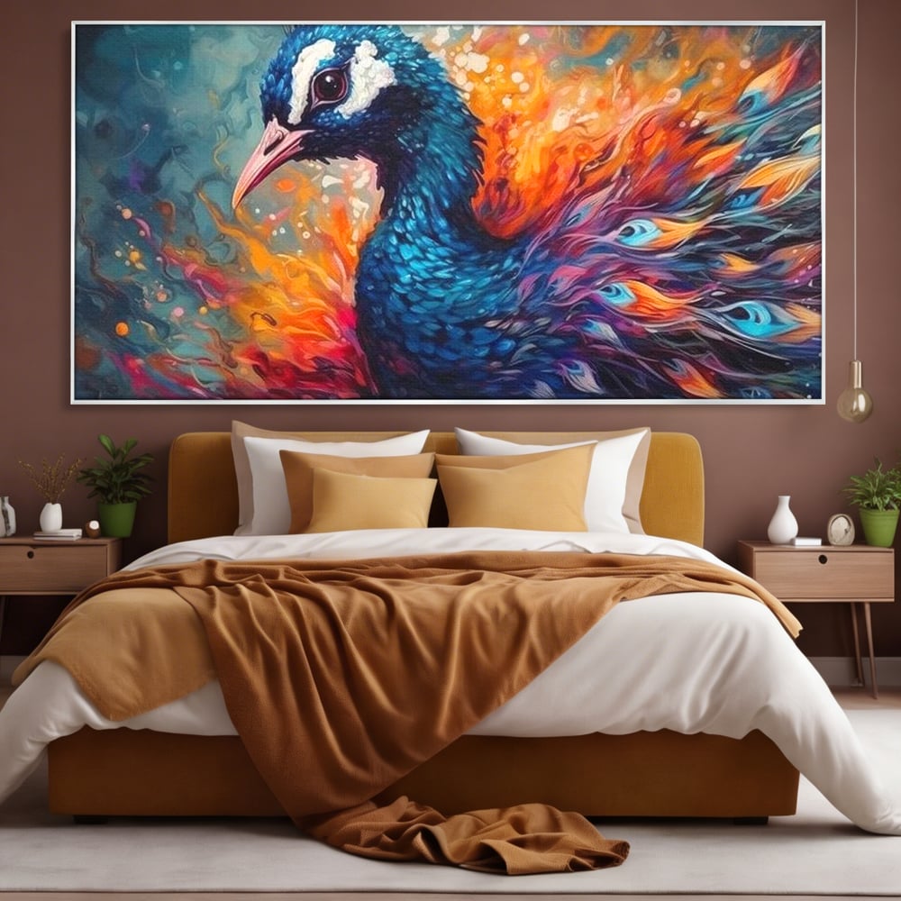 Tablou Canvas Premium, LuxCanva® M1407, Coroana Naturii, Culori Vibrante, Paun, Pasare, Penaj, Splendoare, Exotic, Flacari, Pictura, Abstract, Birou, Living, Camera Copil