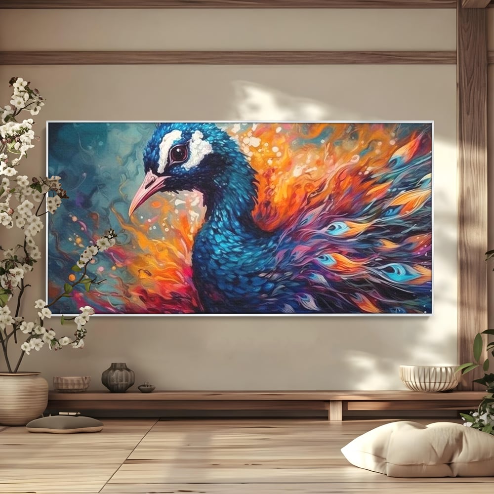 Tablou Canvas Premium, LuxCanva® M1407, Coroana Naturii, Culori Vibrante, Paun, Pasare, Penaj, Splendoare, Exotic, Flacari, Pictura, Abstract, Birou, Living, Camera Copil
