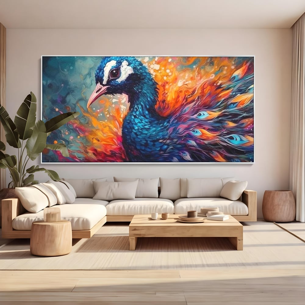 Tablou Canvas Premium, LuxCanva® M1407, Coroana Naturii, Culori Vibrante, Paun, Pasare, Penaj, Splendoare, Exotic, Flacari, Pictura, Abstract, Birou, Living, Camera Copil